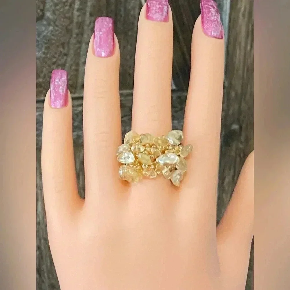 Gold Golden Handmade Seed Bead and Stone Chips Stretch Ring